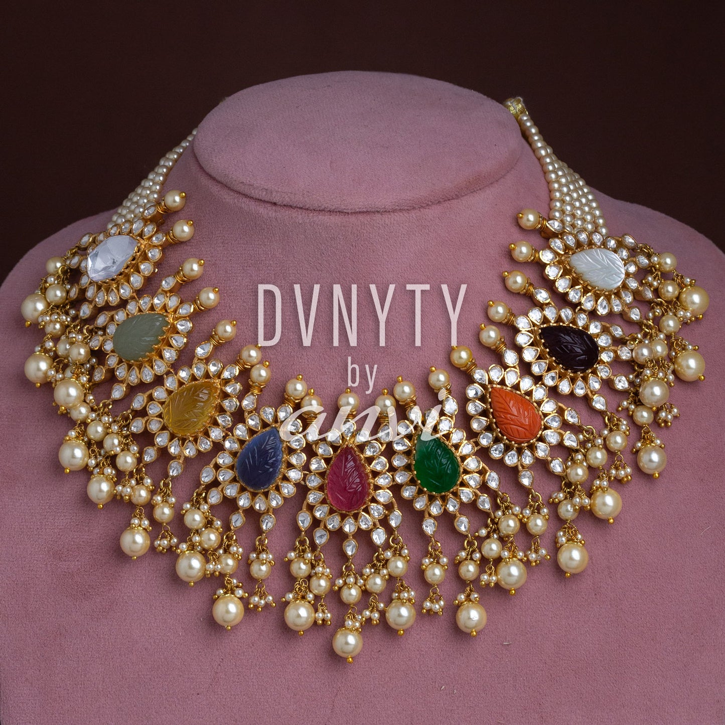 DVNYTY 925 Silver Navrathan Polki Choker with Earrings with Dublate Stones