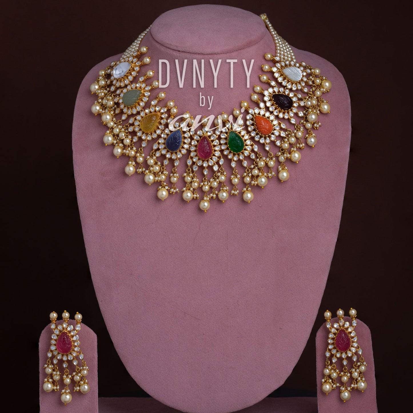 DVNYTY 925 Silver Navrathan Polki Choker with Earrings with Dublate Stones