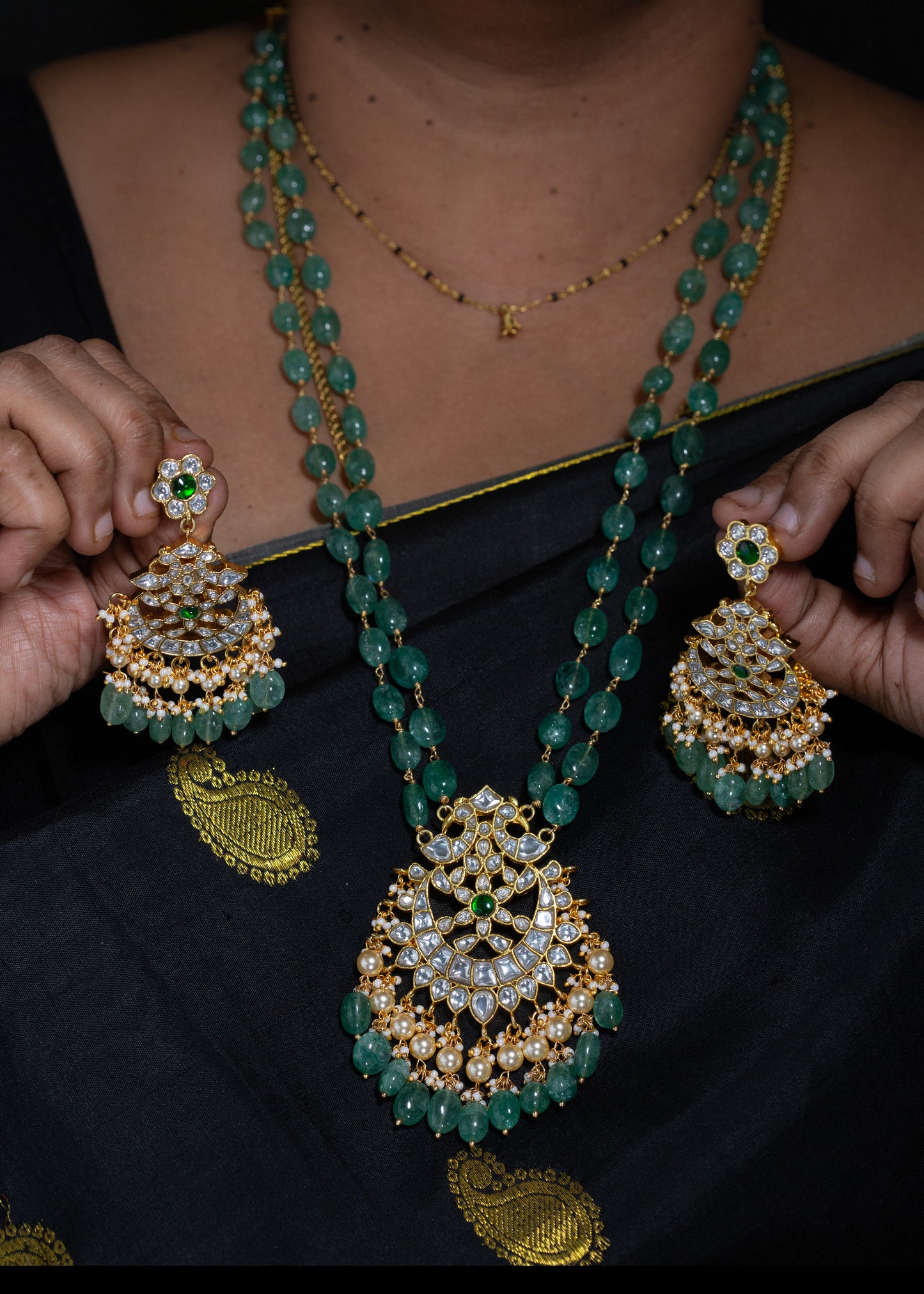 White Kundan Large Pendant with Stawberry Beads Woven Chain and earrings
