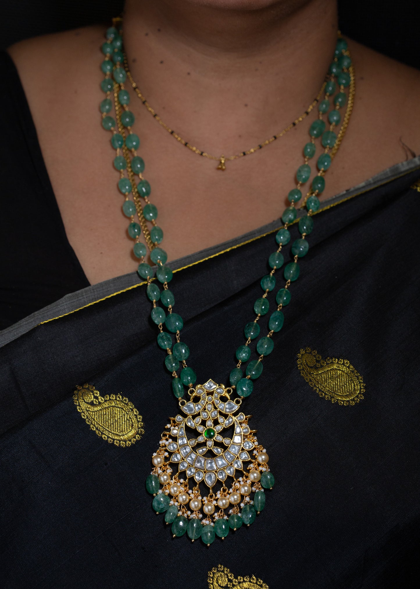 White Kundan Large Pendant with Stawberry Beads Woven Chain and earrings