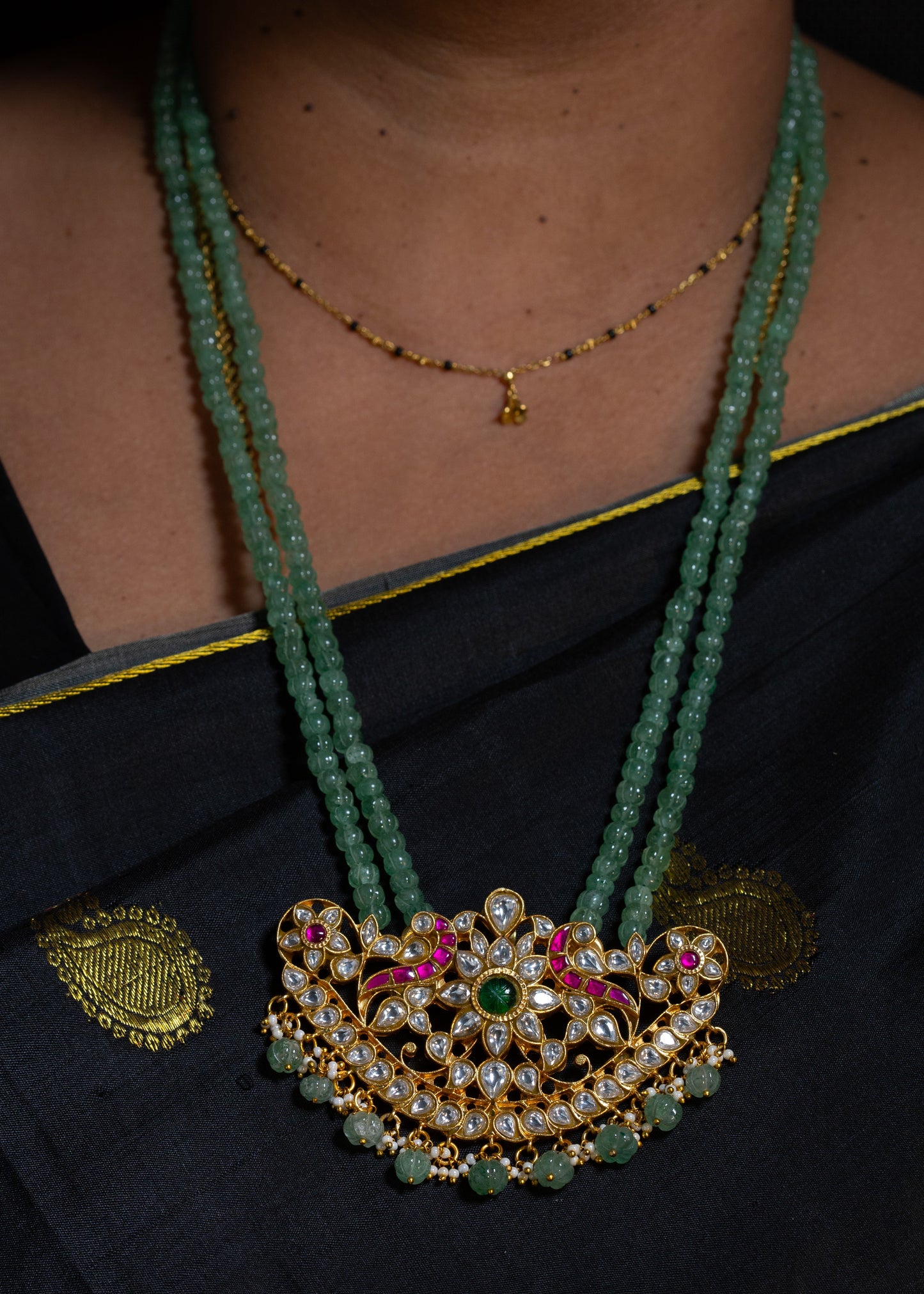 Jadau Kundan Large Pendant with Strawberry Beads Chain