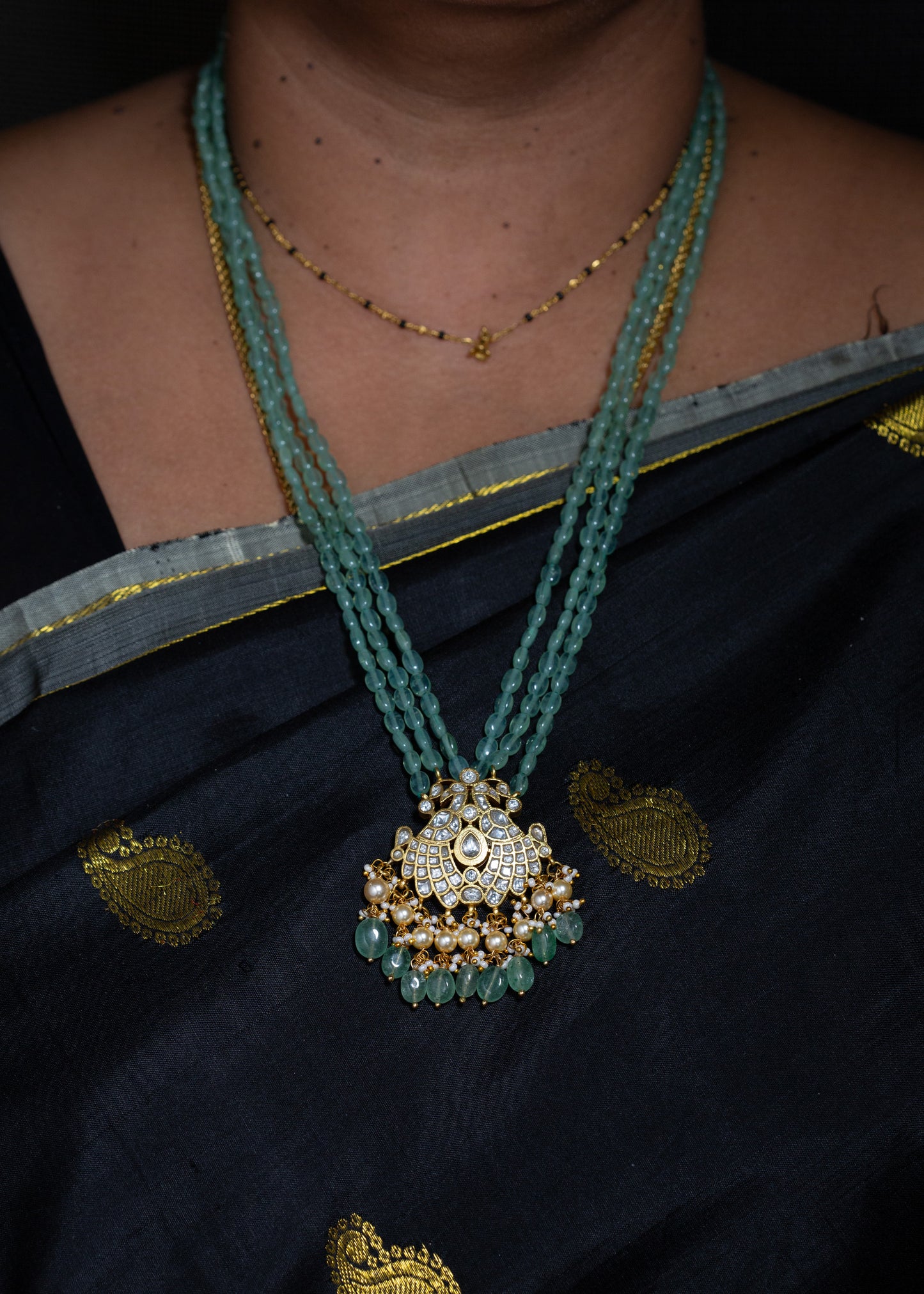 White Kundan Pendant with Strawberry Beads Long Chain