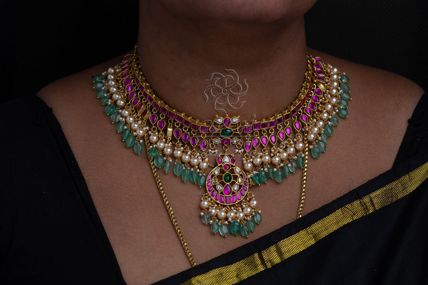 Bridal Choker with pearl & Bead Hangings and Earrings