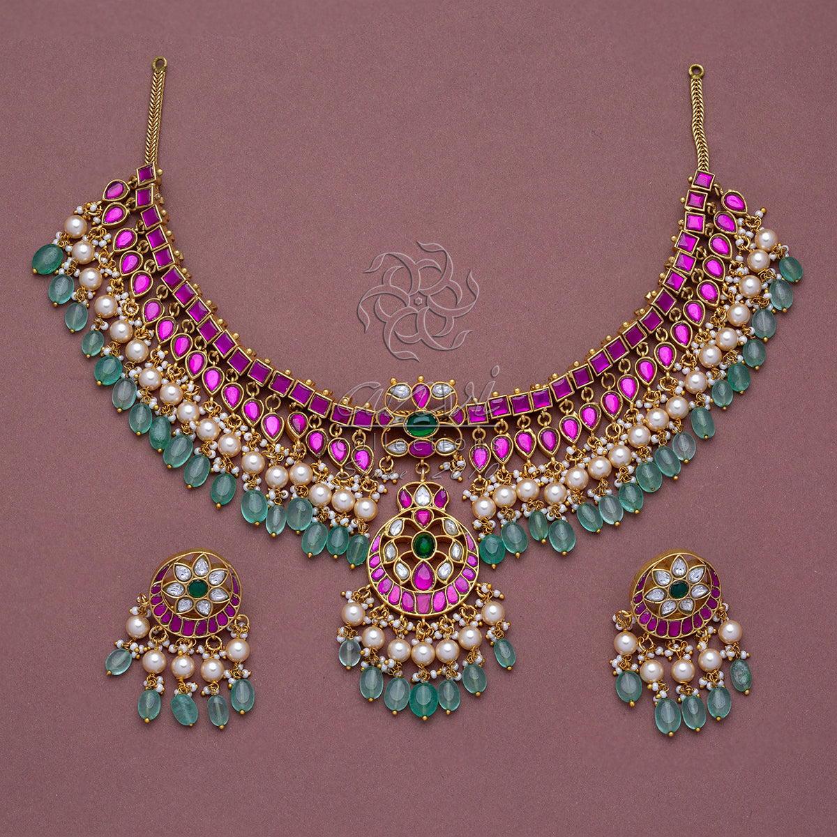 Bridal Choker with pearl & Bead Hangings and Earrings