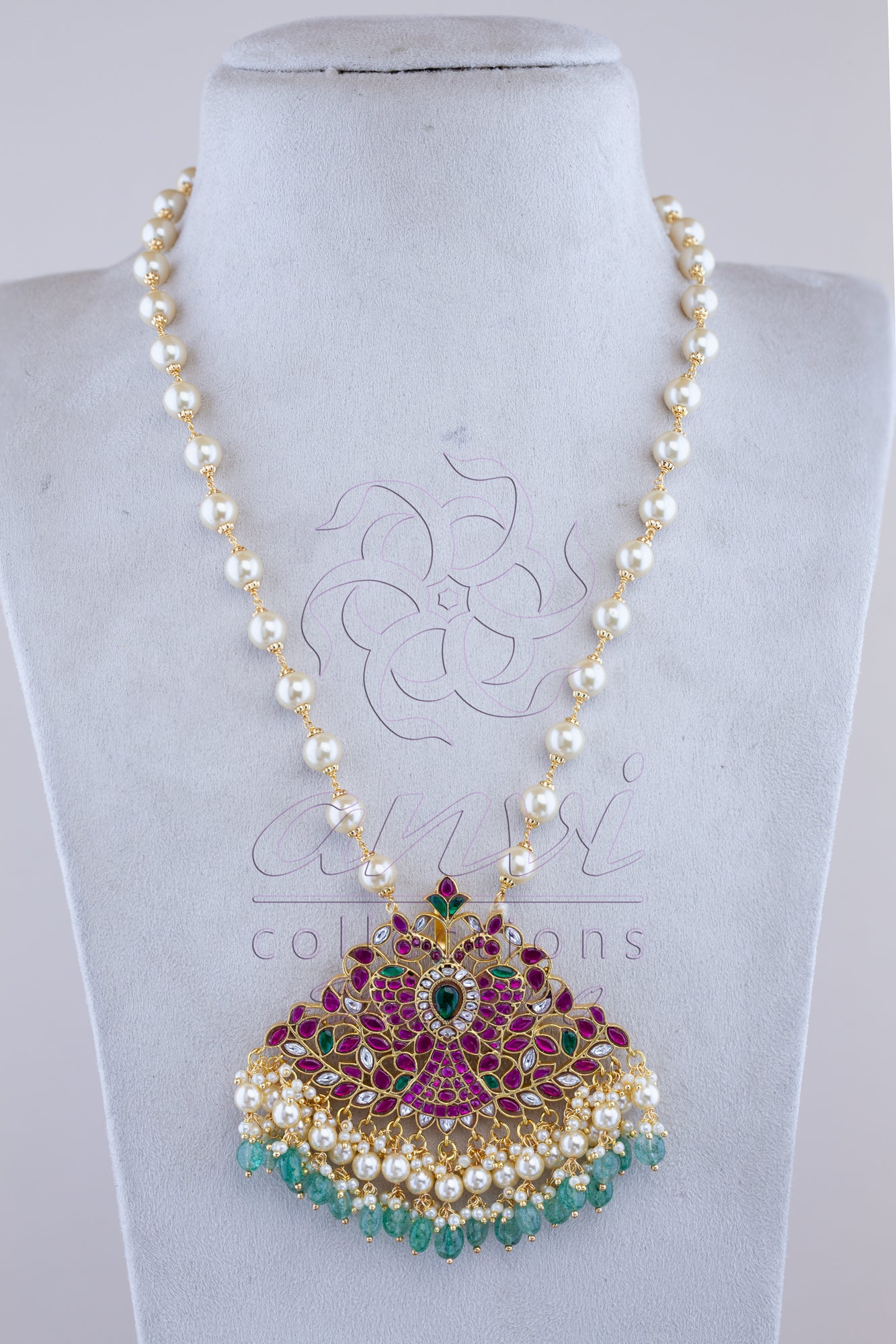 Gandaberunda Pendant with Swarovski Pearl & Strawberry Bead Hangings on Strawberry Beads Chain