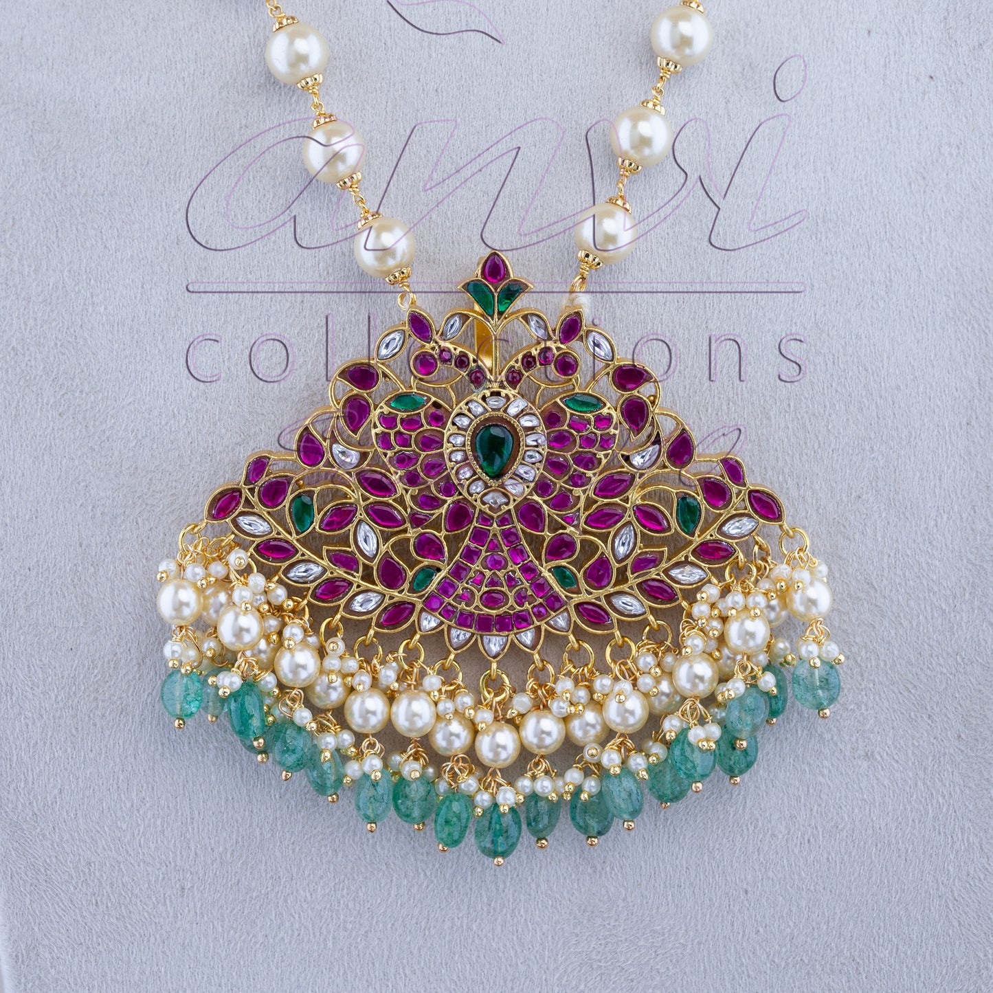 Gandaberunda Pendant with Swarovski Pearl & Strawberry Bead Hangings on Strawberry Beads Chain