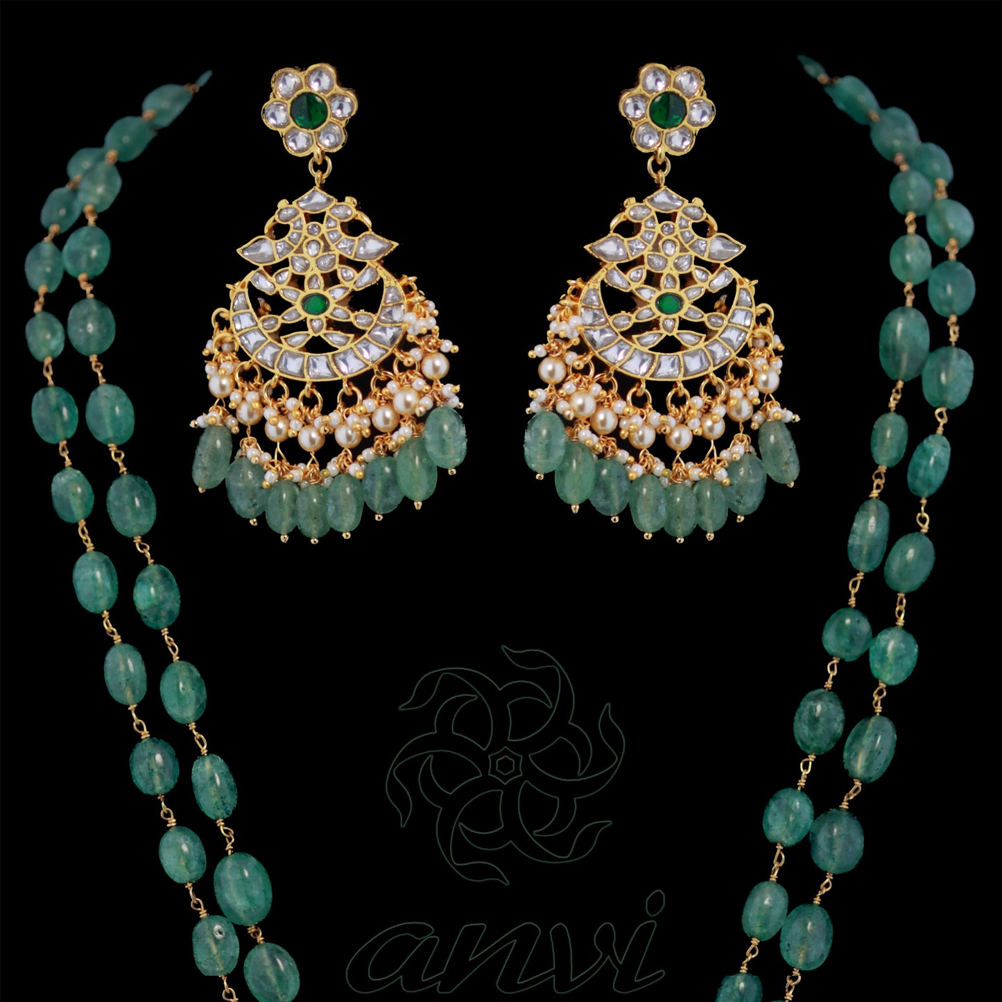 White Kundan Large Pendant with Stawberry Beads Woven Chain and earrings
