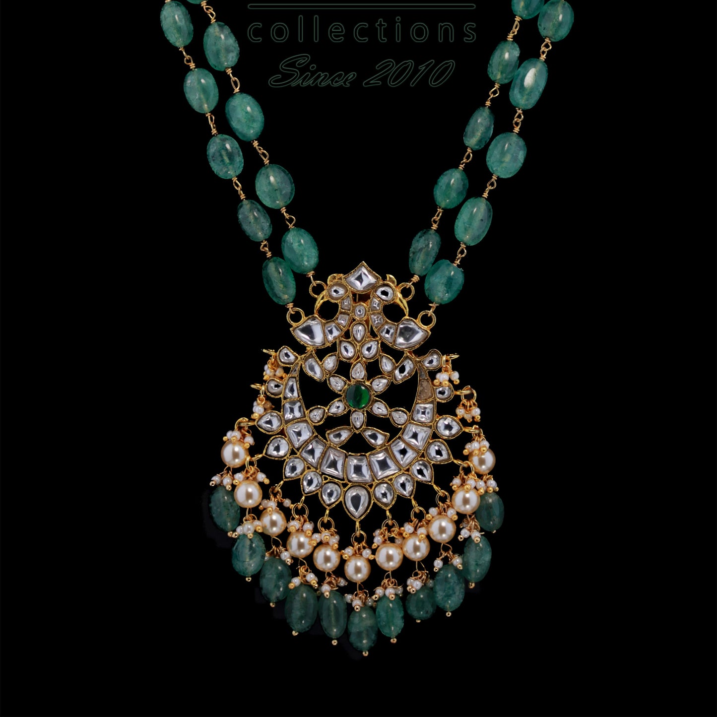 White Kundan Large Pendant with Stawberry Beads Woven Chain and earrings