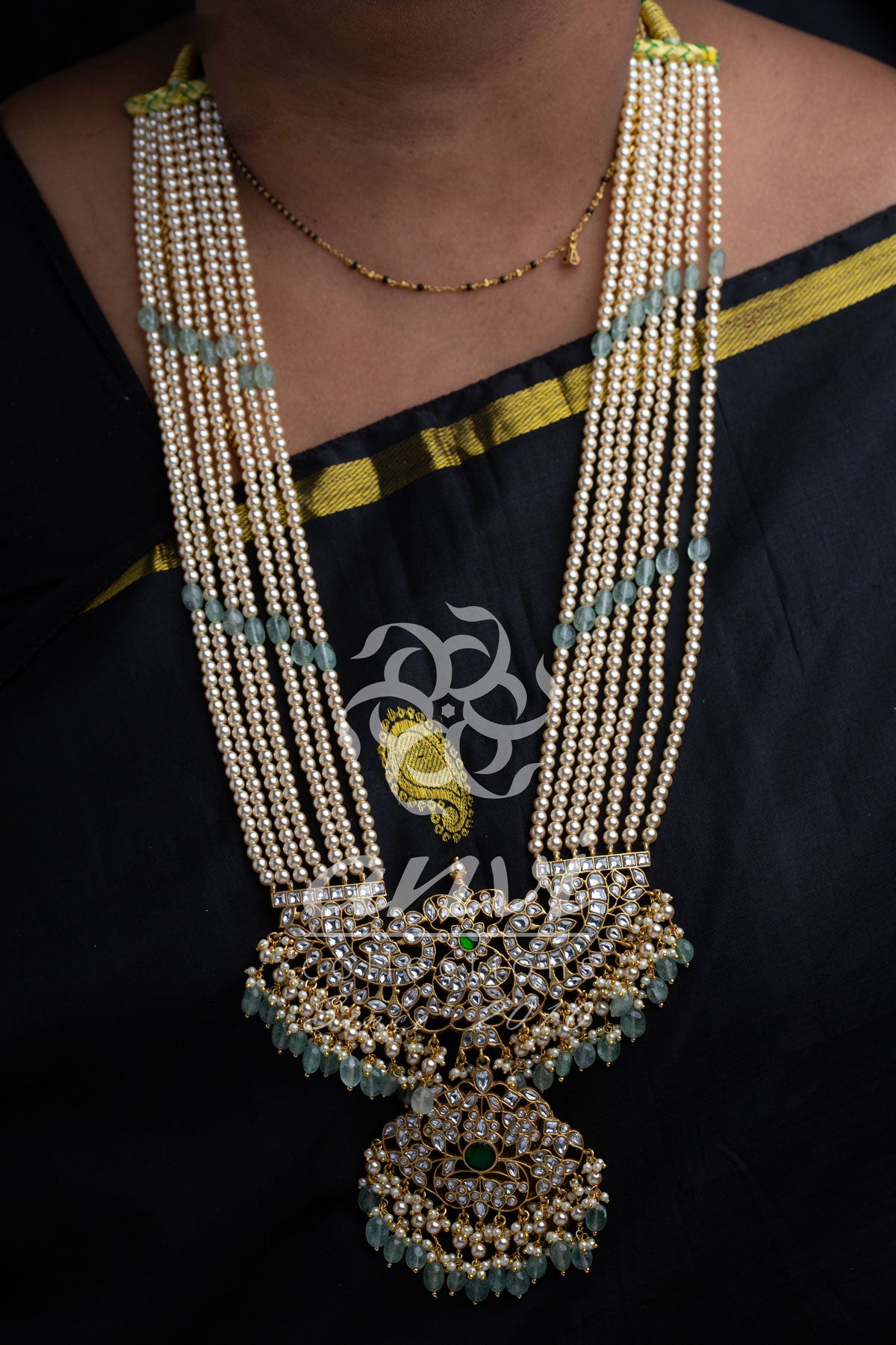 White Kundans Rani Haar with Multi-strand Pearls chain