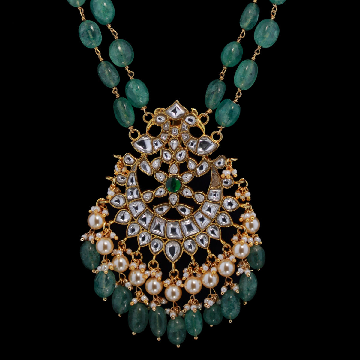 White Kundan Large Pendant with Stawberry Beads Woven Chain and earrings