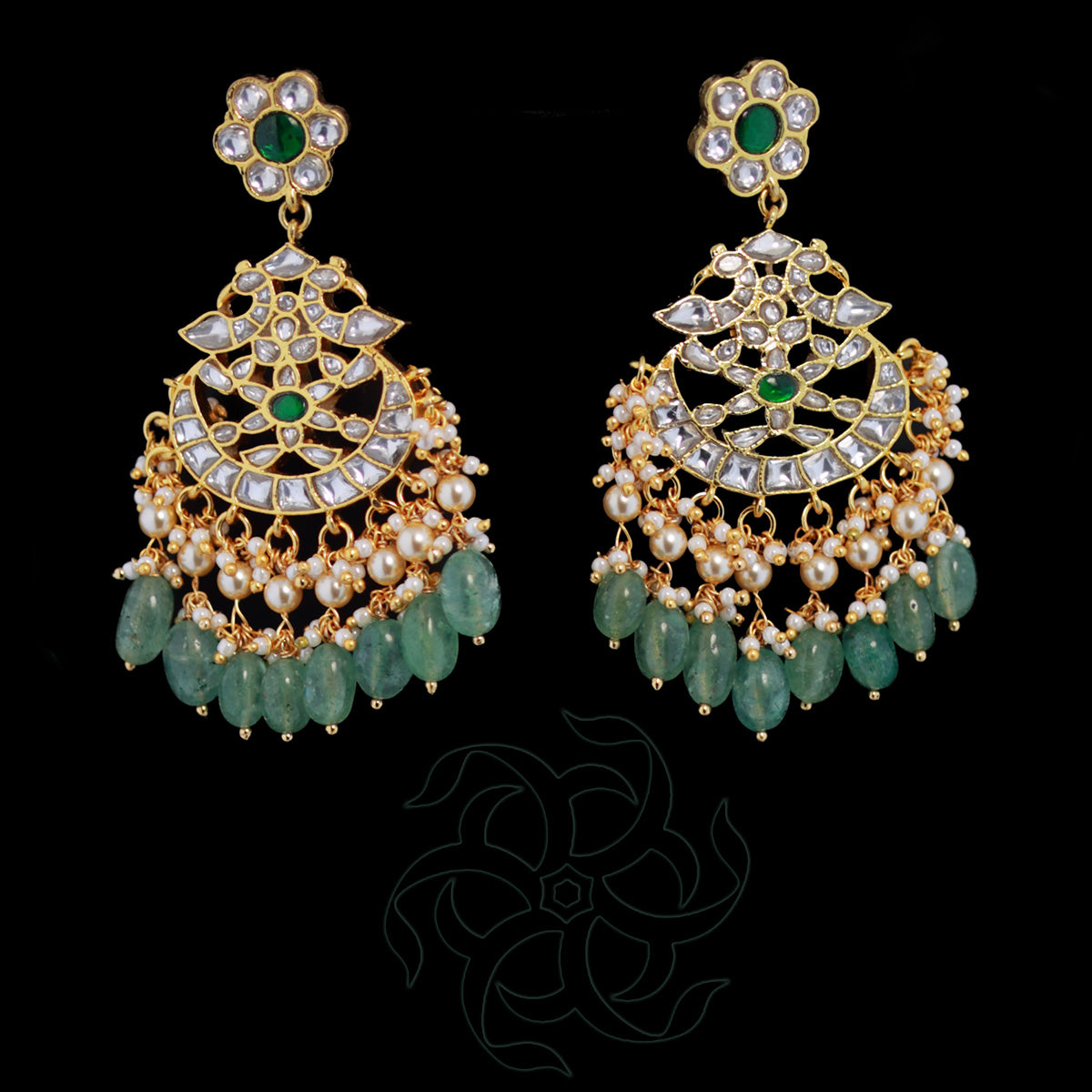 White Kundan Large Pendant with Stawberry Beads Woven Chain and earrings