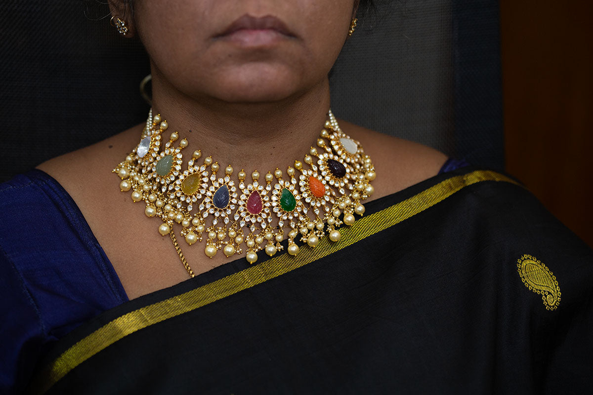 DVNYTY 925 Silver Navrathan Polki Choker with Earrings with Dublate Stones