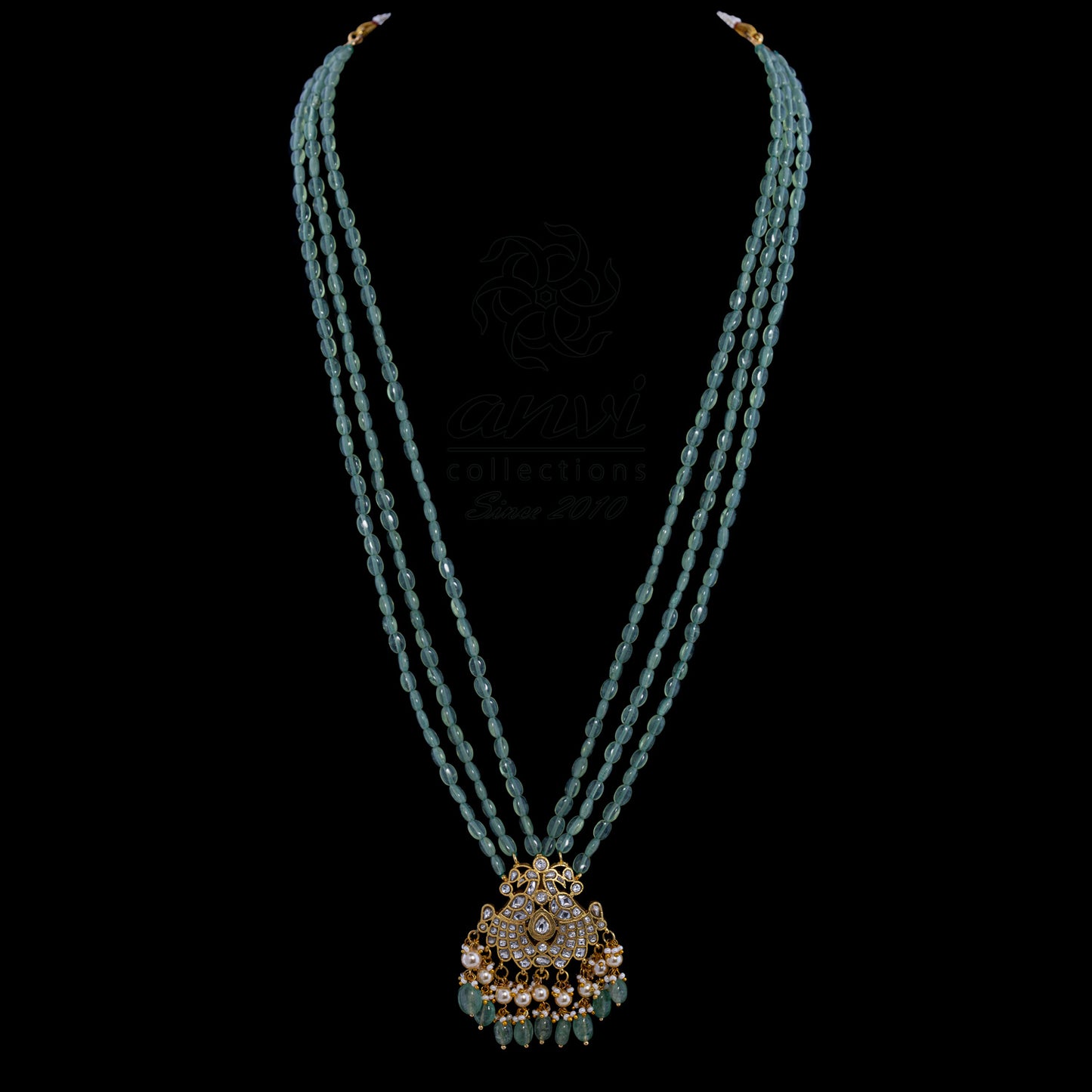 White Kundan Pendant with Strawberry Beads Long Chain