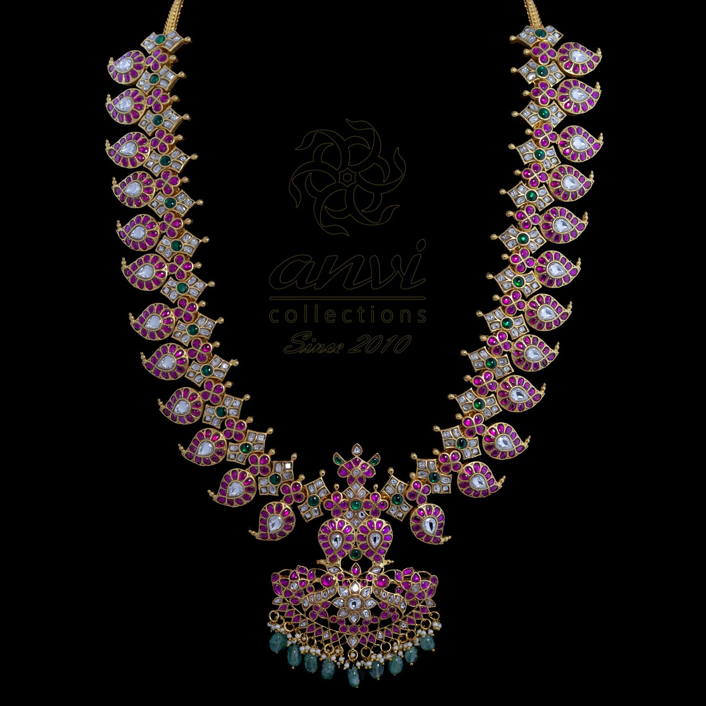 Long Mango Haaram in Jadau kundan with large pendant