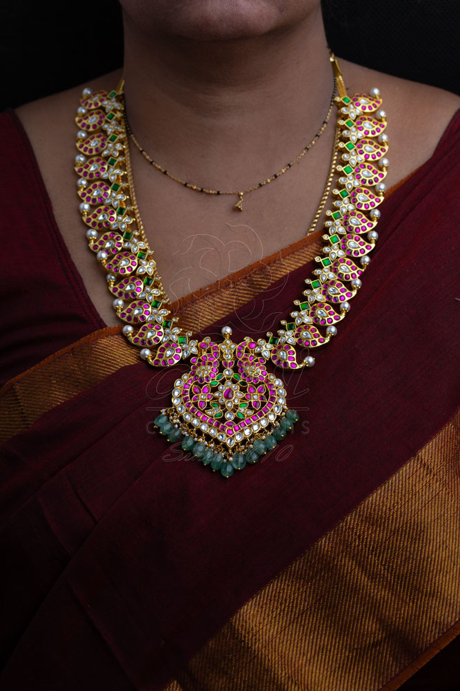 Mango Haaram in Jadau kundan with peacock spade pendant