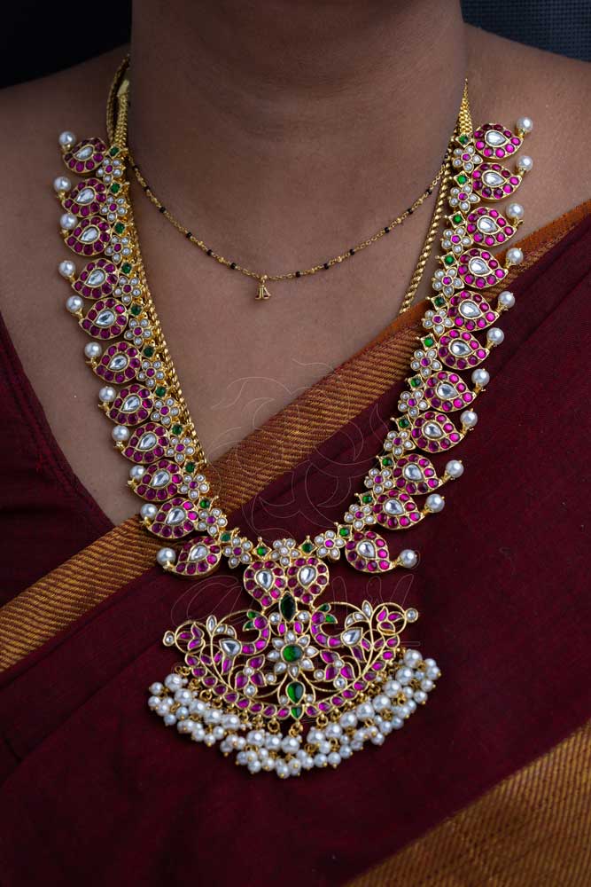 Mango Haaram in Jadau kundan with peacock wide pendant