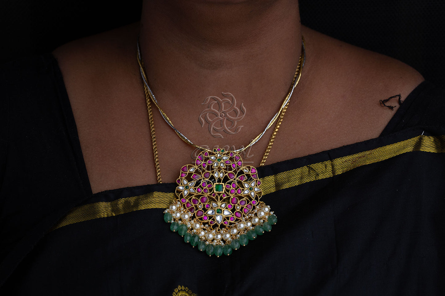 Large Jadau Kundan Pendant with Cluster Pearls & Strawberry Beads