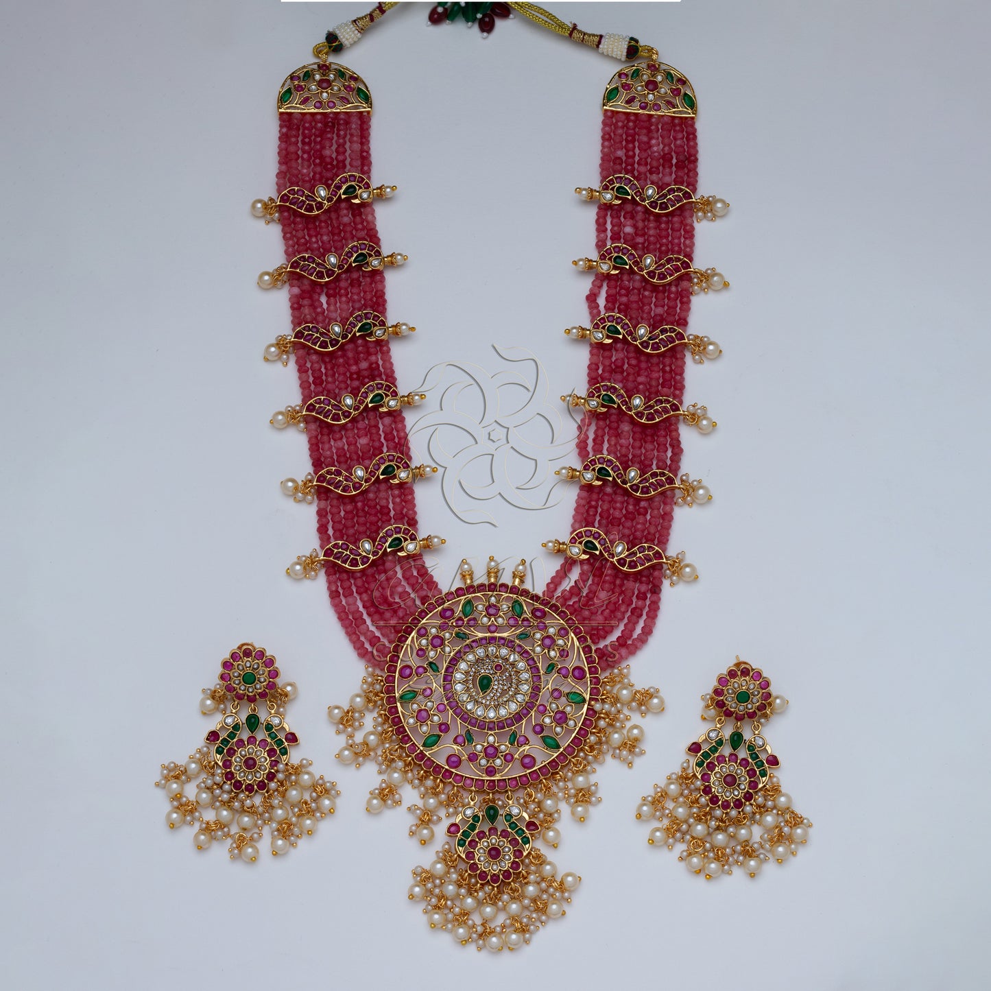 Kempu Rani Haar with Onion Pink Onyx Beads & Earrings