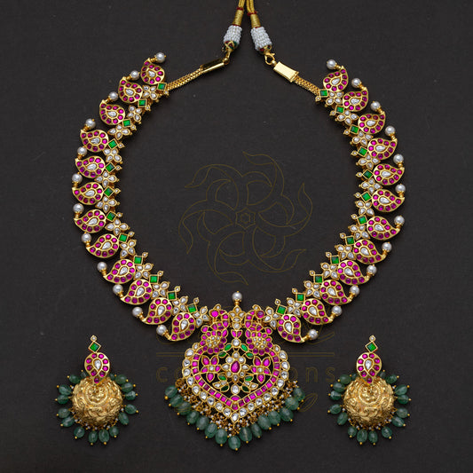 Mango Haaram in Jadau kundan with peacock spade pendant