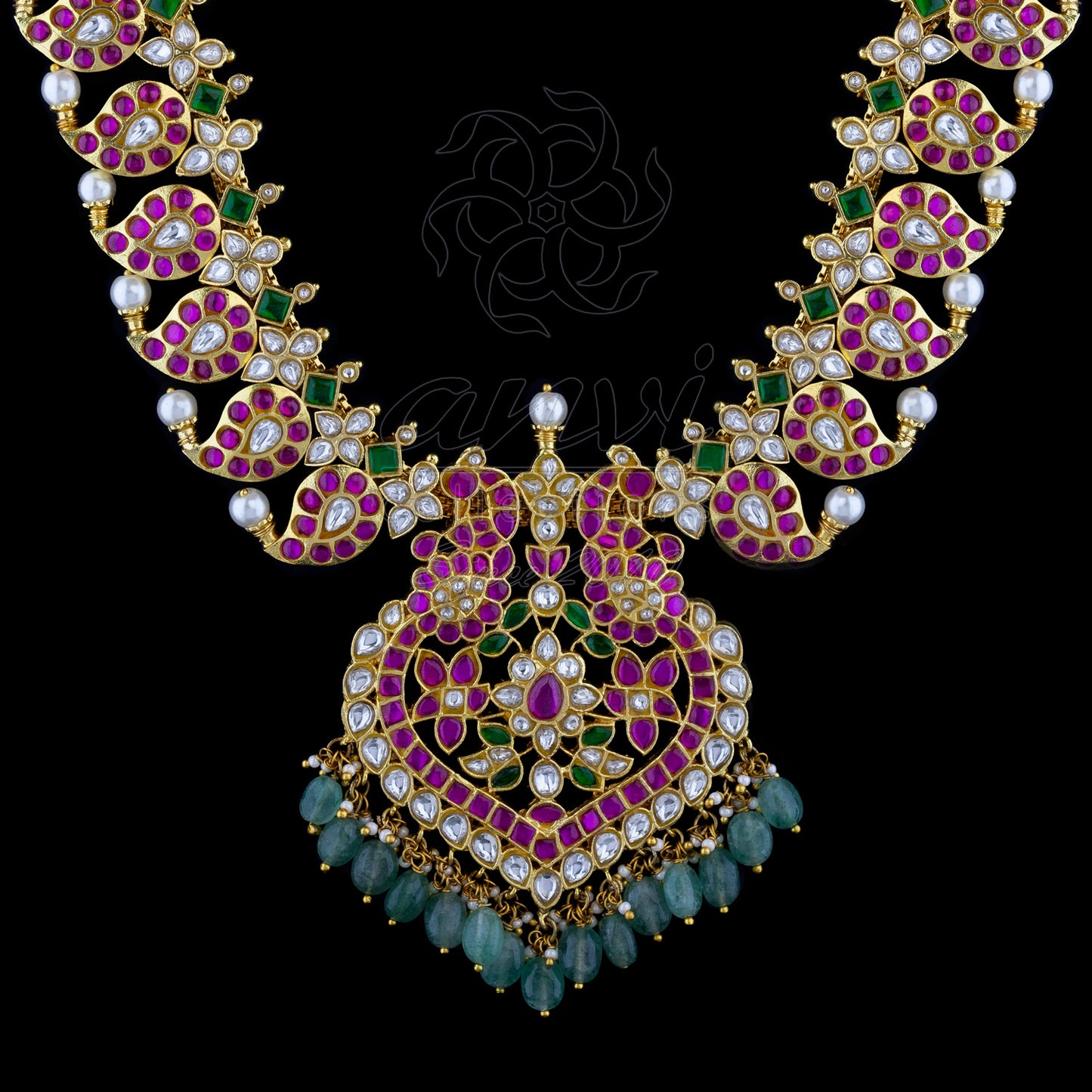 Mango Haaram in Jadau kundan with peacock spade pendant