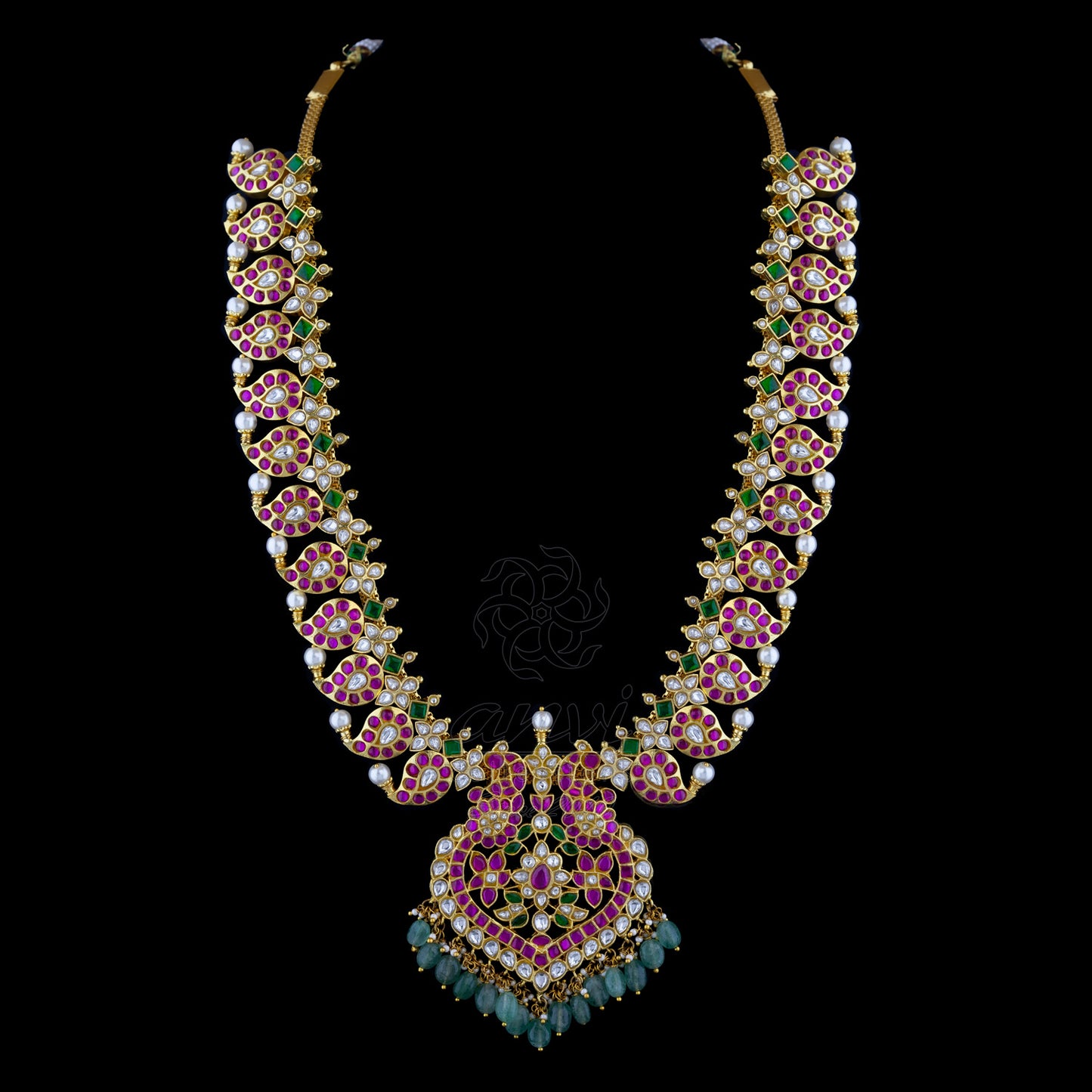 Mango Haaram in Jadau kundan with peacock spade pendant