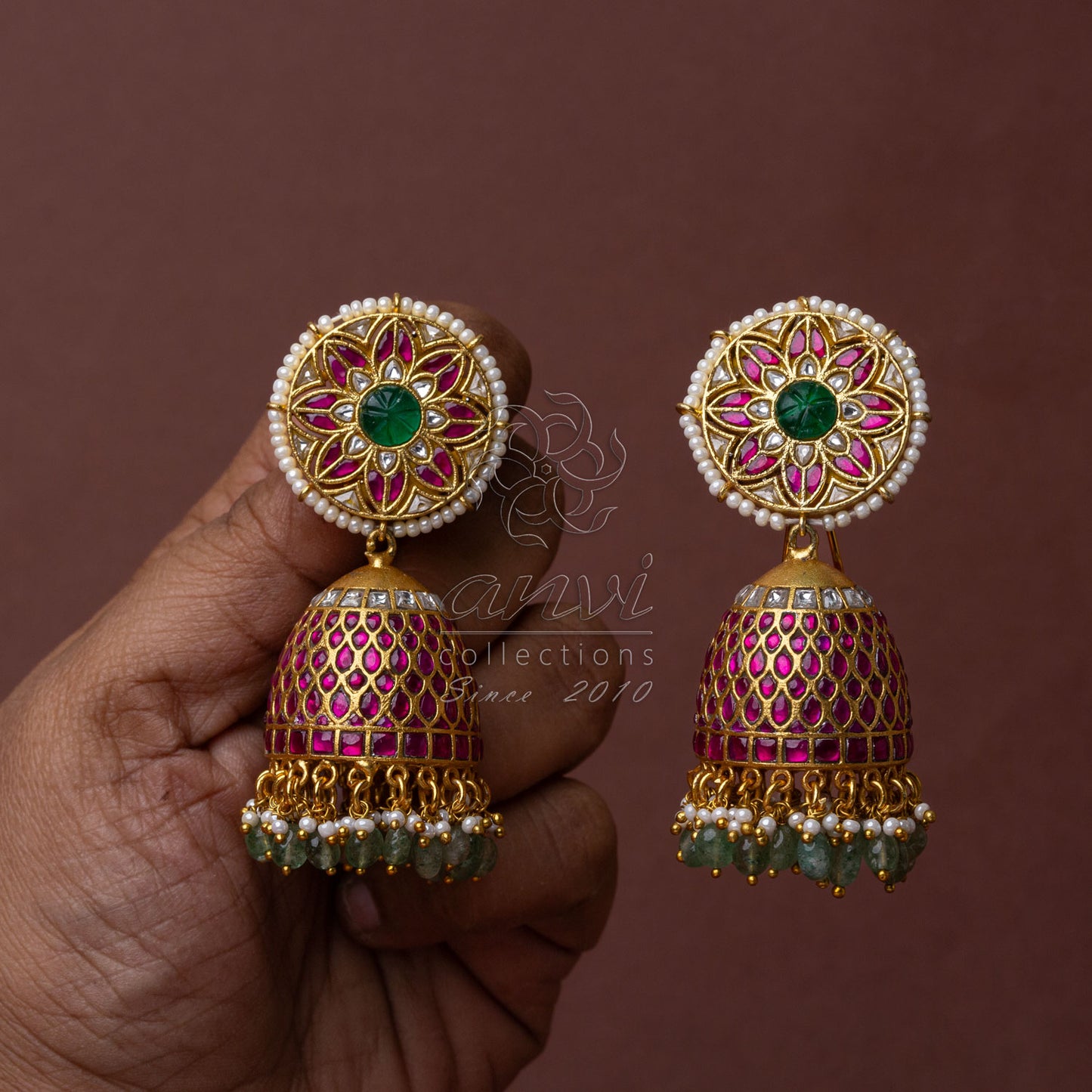 XL jadau kundan Jhumkas with small bead hanging