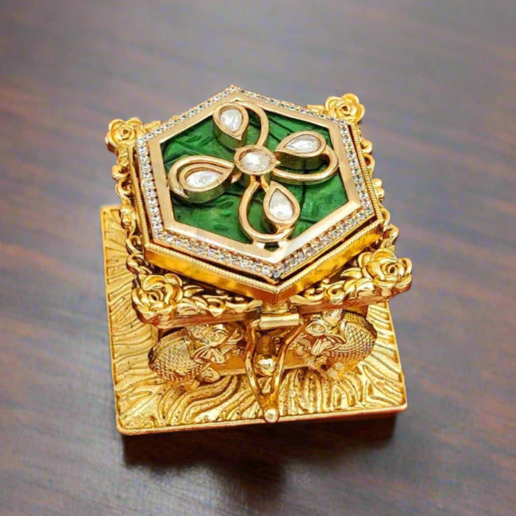 Hexagon Green Kundan Kumkum Box