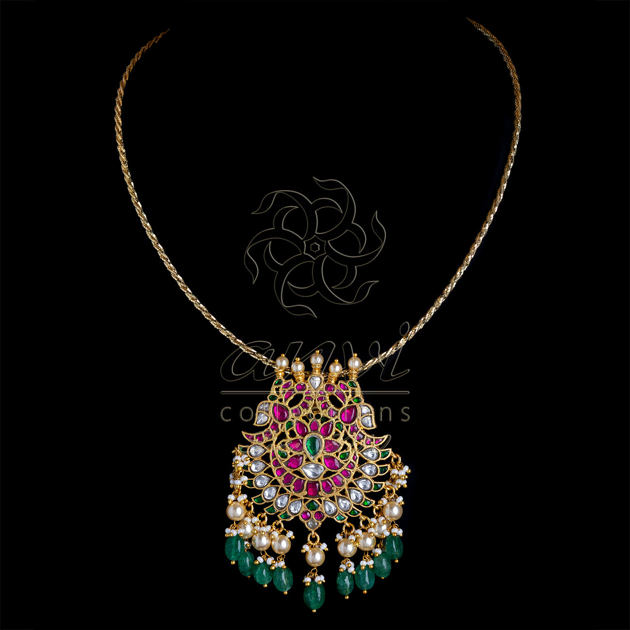 Dual Tone Rope Chain with Jadau Kundan Pendant with Pearls & Russian Beads