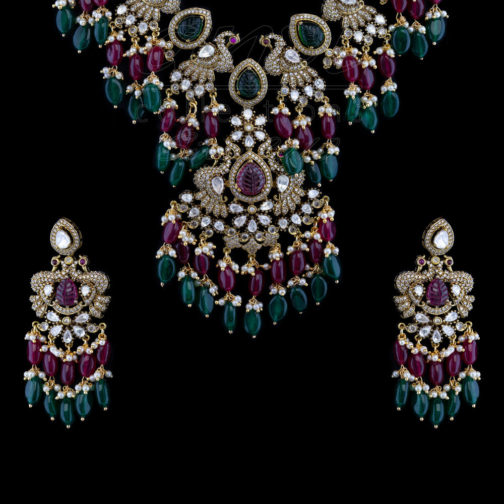 Peacock Fusion Victorian Cocktail Necklace with Earrings