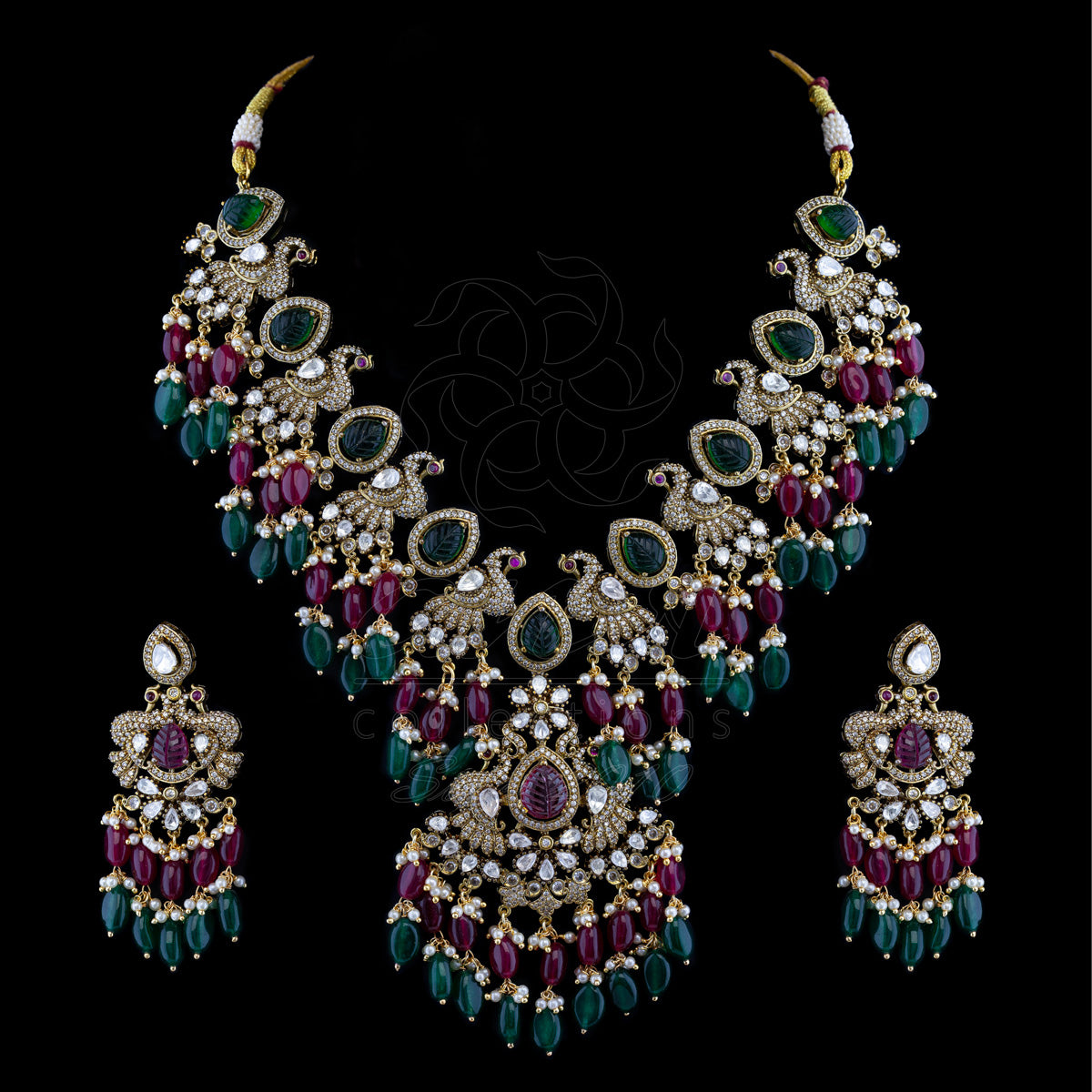 Peacock Fusion Victorian Cocktail Necklace with Earrings