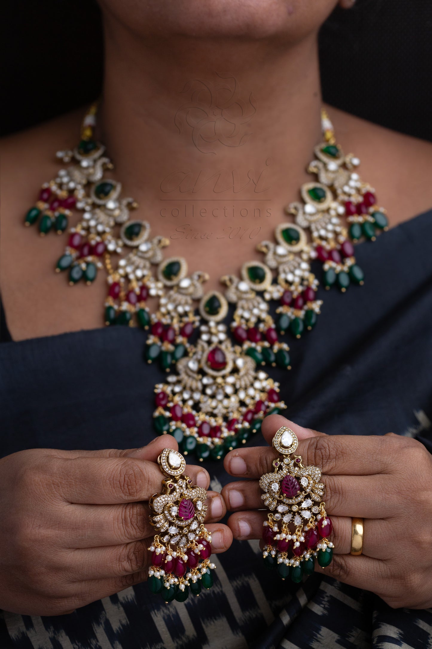 Peacock Fusion Victorian Cocktail Necklace with Earrings