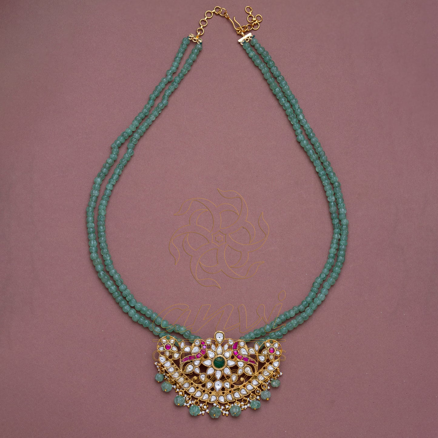 Jadau Kundan Large Pendant with Strawberry Beads Chain