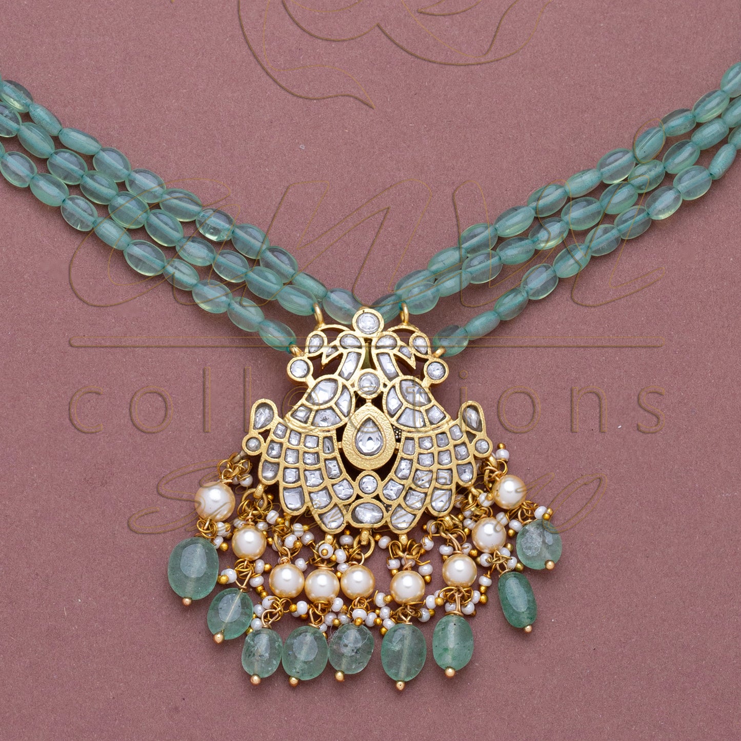 White Kundan Pendant with Strawberry Beads Long Chain