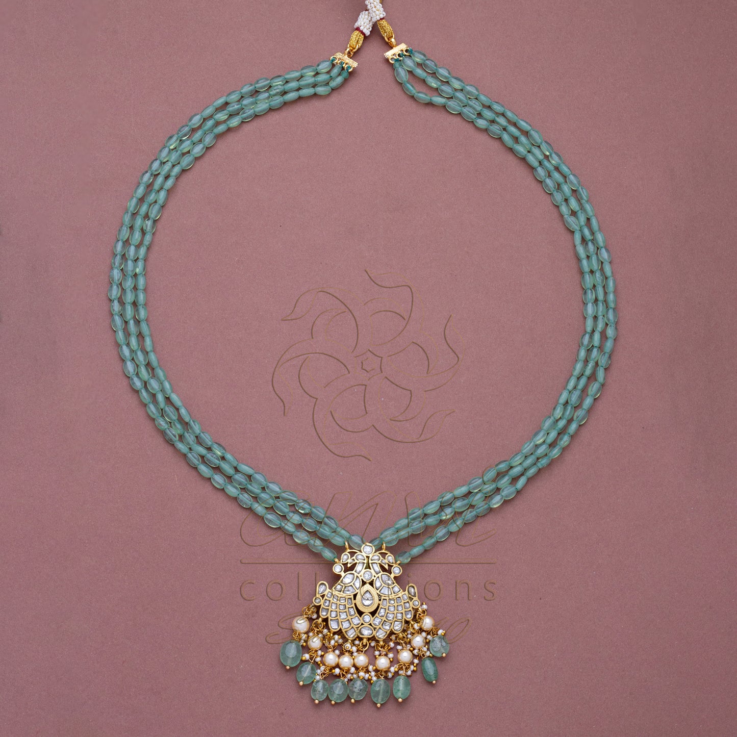 White Kundan Pendant with Strawberry Beads Long Chain