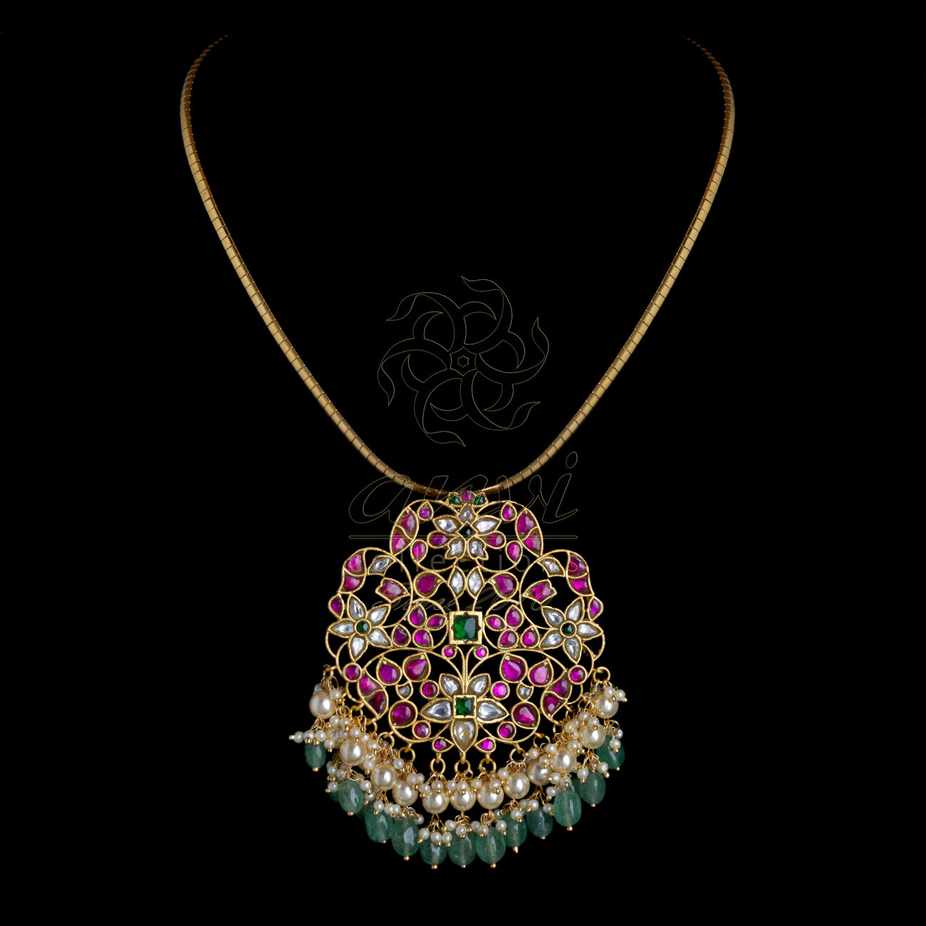 Large Jadau Kundan Pendant with Cluster Pearls & Strawberry Beads