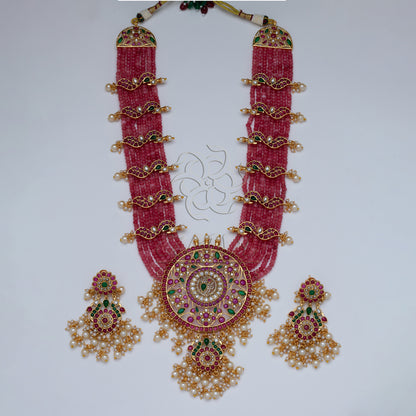Kempu Rani Haar with Onion Pink Onyx Beads & Earrings