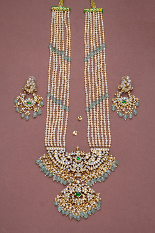 White Kundans Rani Haar with Multi-strand Pearls chain